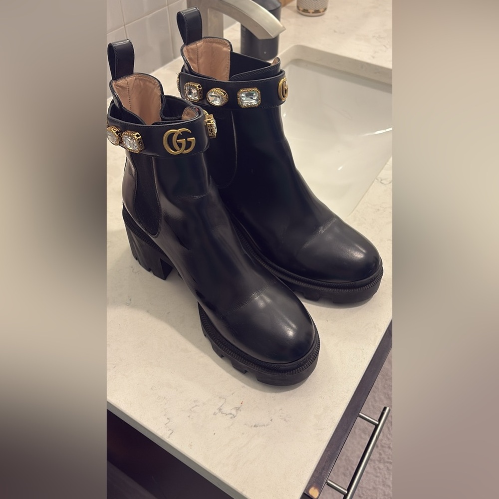 Gucci Black Ankle Boots with Gold Accents